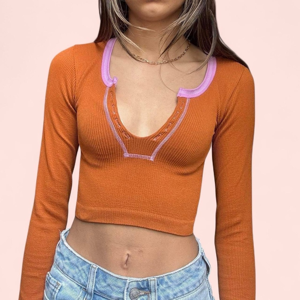 Urban Outfitters Orange Go For Gold Long Sleeve Crop Top